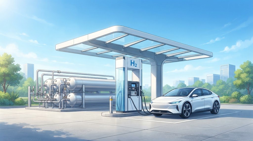 水素ステーションと燃料電池車のイラスト